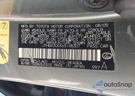 2006 Lexus Es 330 from USA, damaged, VIN JTHBA30GX65146307